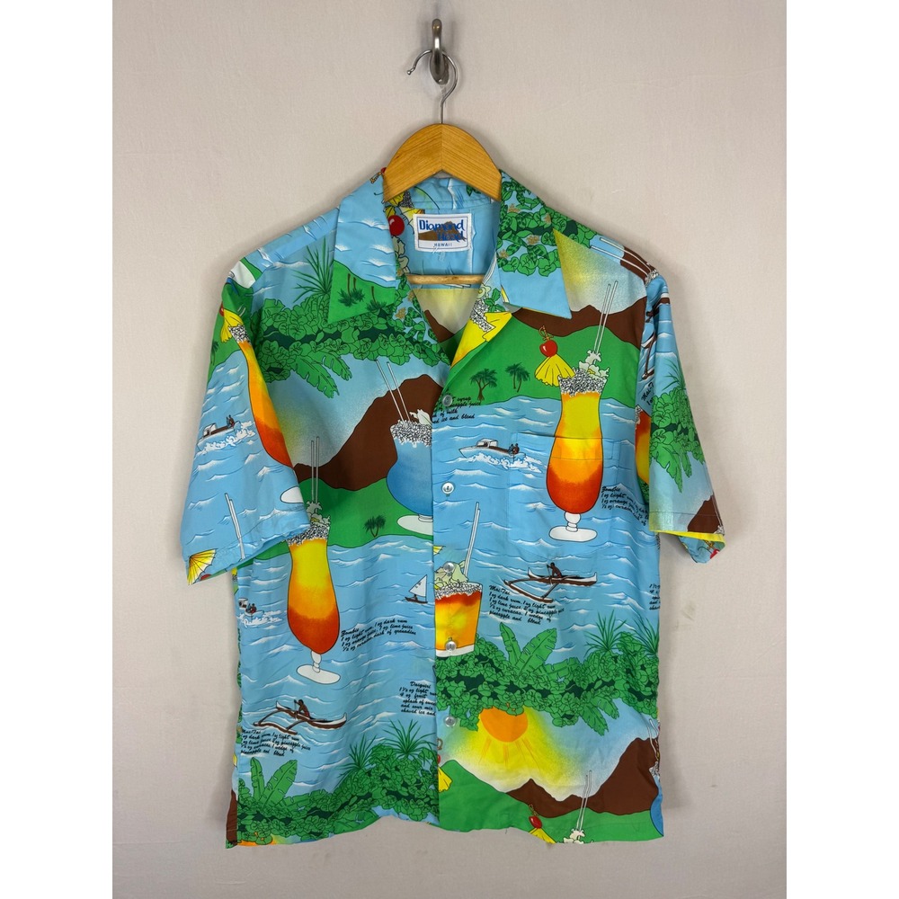 Vintage Diamond Head Hawaii Mens Tropical Cocktail Recipe Aloha Camp Shirt XL